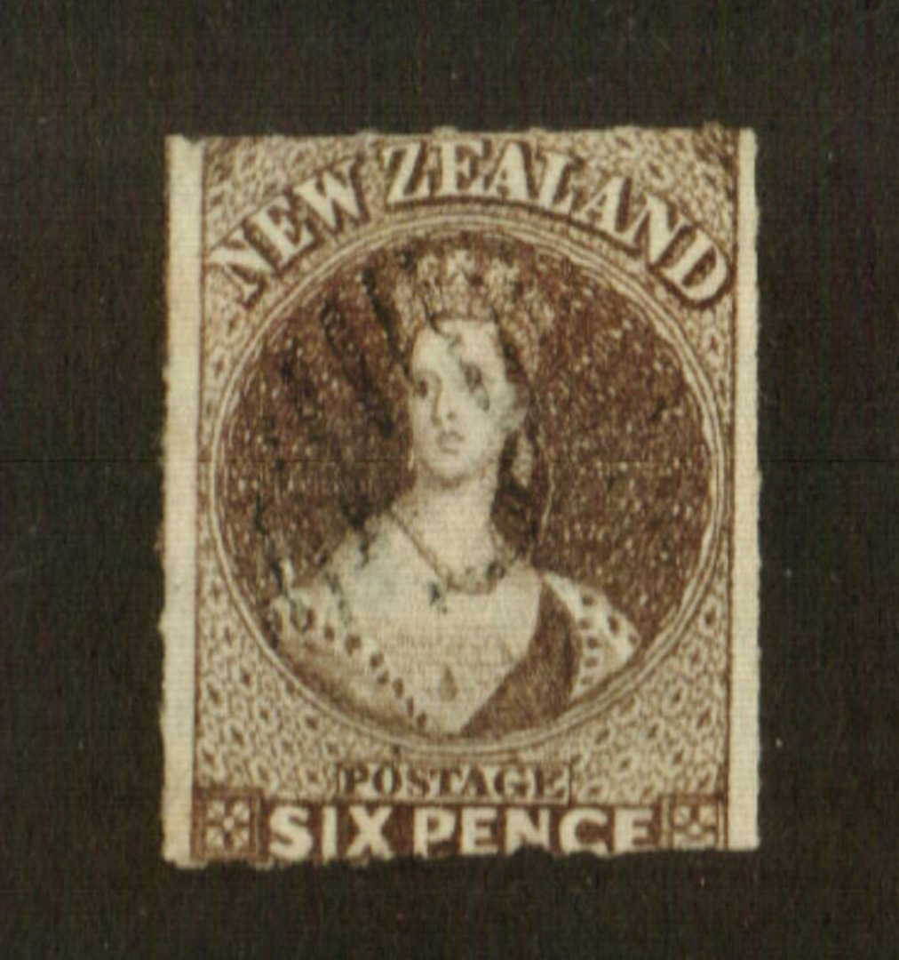 NEW ZEALAND 1855 Full Face Queen 6d Brown. Roulette 7 at Auckland. A superb copy with the roulettes all round except that it has image 0