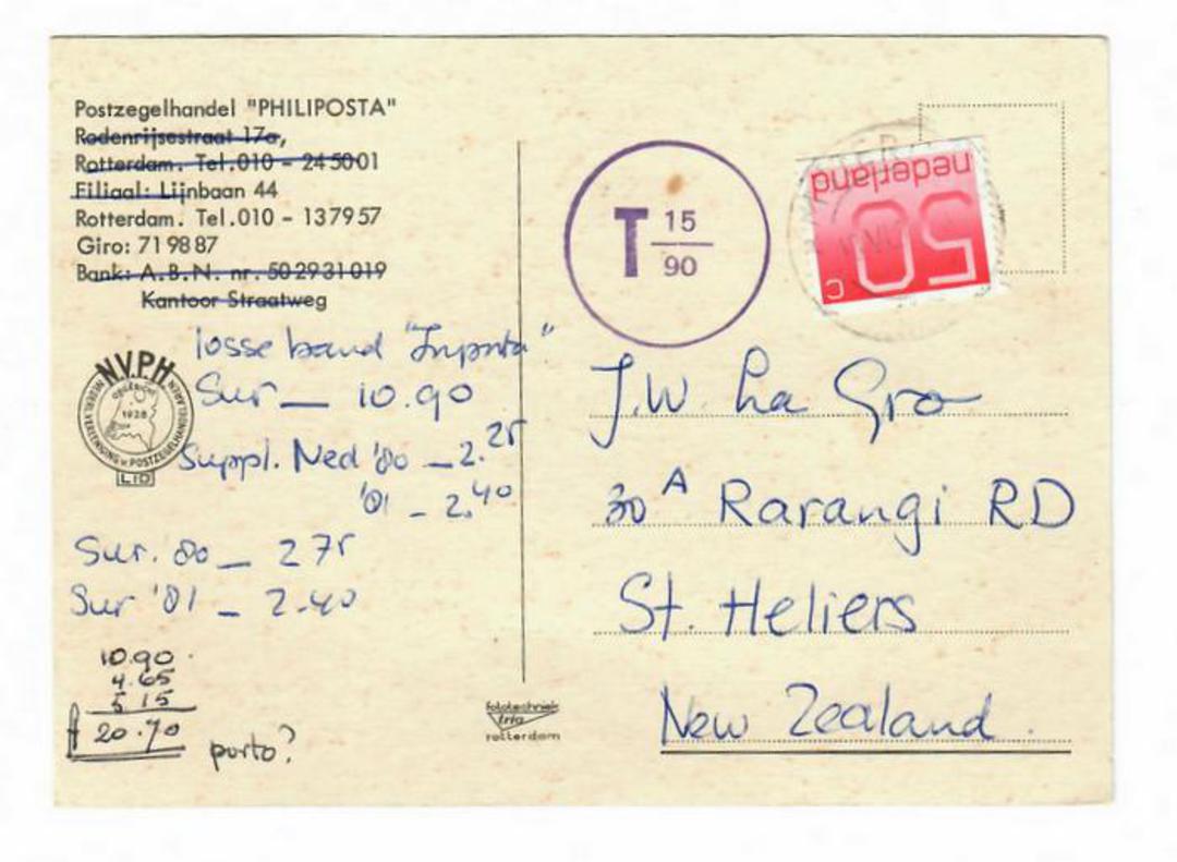NETHERLANDS 1982 Postcard with T cachet in purple. - 30463 - PostalHist image 0