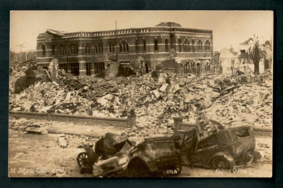 Real Photograph of St Johns cathedral Napier Quake. Photog Bert H Rice. Storkey's Booksellers. - 47949 - Postcard image 0