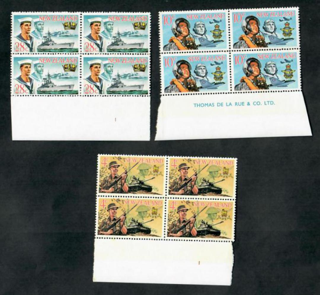 NEW ZEALAND 1968  Armed Forces. Set of 3 in blocks of 4. - 20108 - UHM image 0