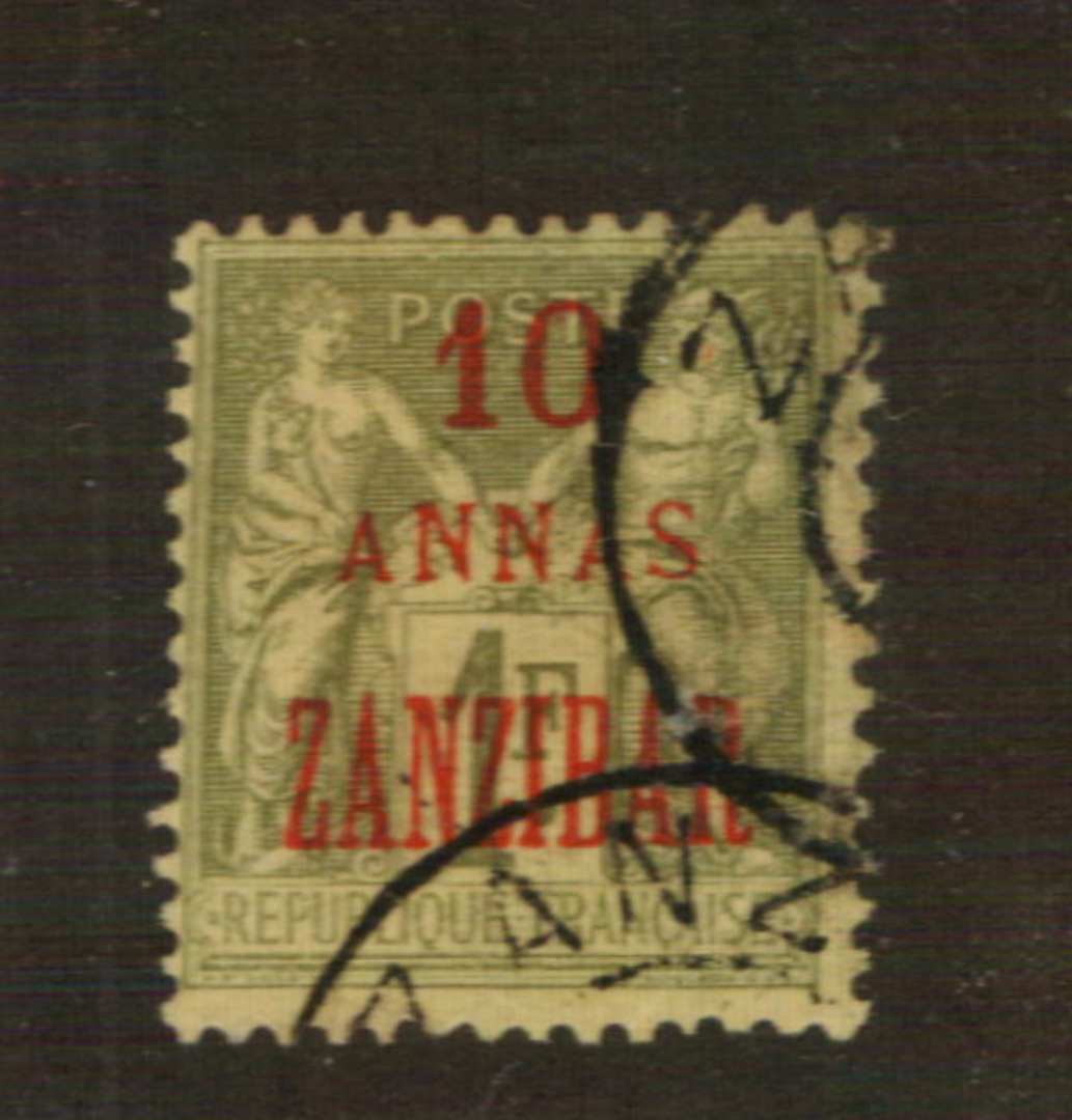 FRENCH Post Offices in ZANZIBAR 1896 Definitive 10 annas on 1 franc Olive-Green. - 76425 - VFU image 0