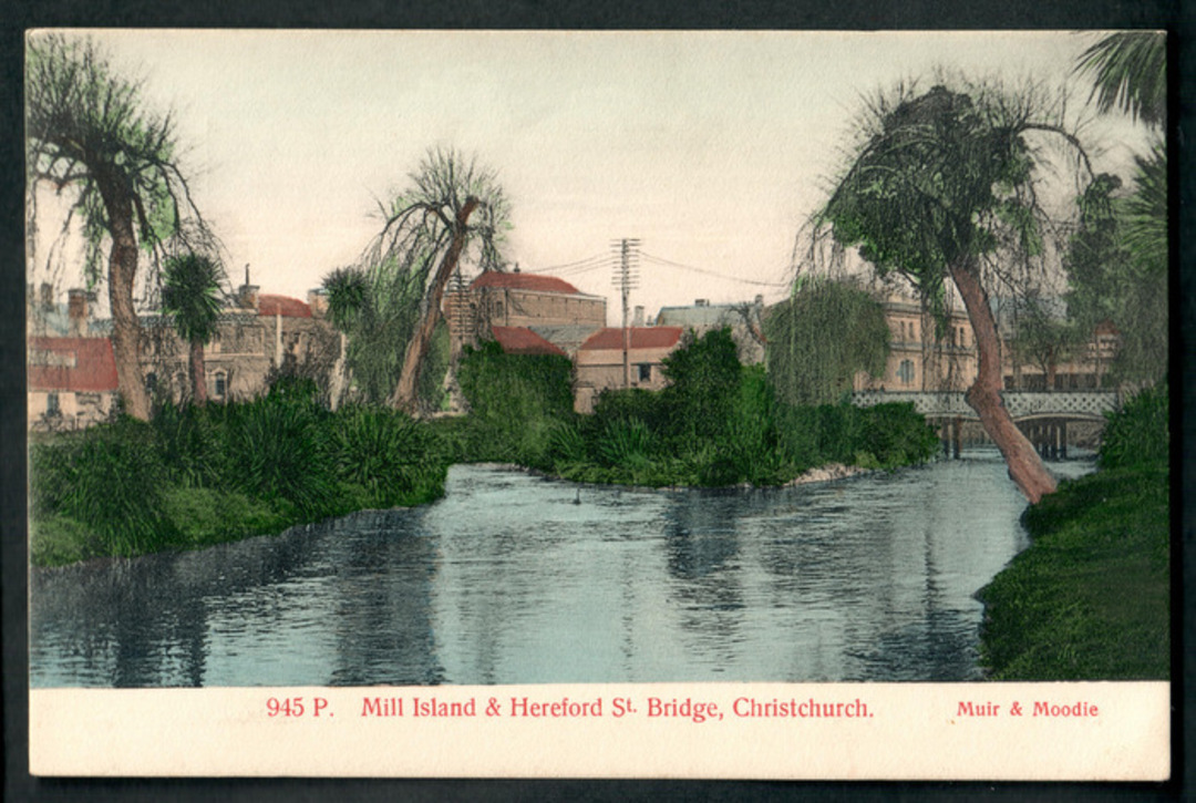Coloured postcard of Mill Island and Hereford Street Bridge Christchurch. - 48542 - Postcard image 0