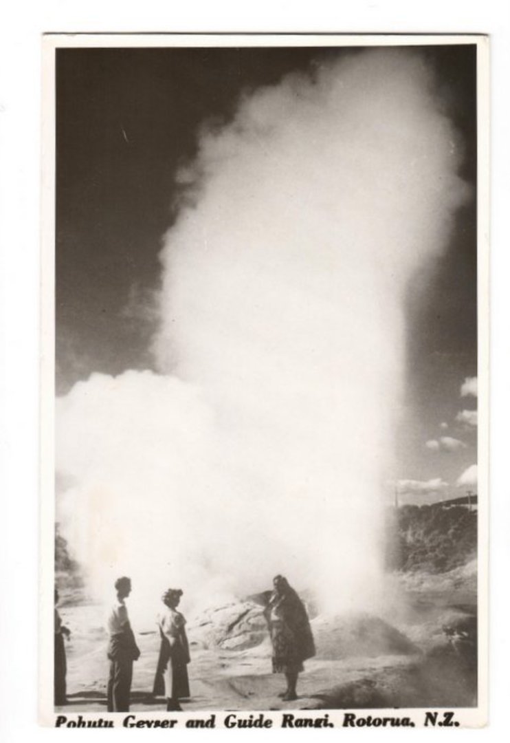 Real Photograph by N S Seaward of Pohutu Geyser and Guide Rangi. - 46261 - Postcard image 0