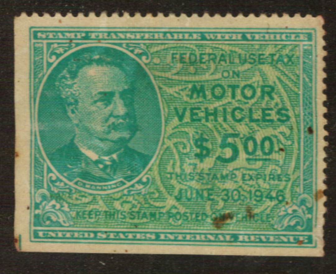 USA 1945 Federal Use Tax on Motor Vehicles $5.00 Green. - 76125 - Fiscal image 0