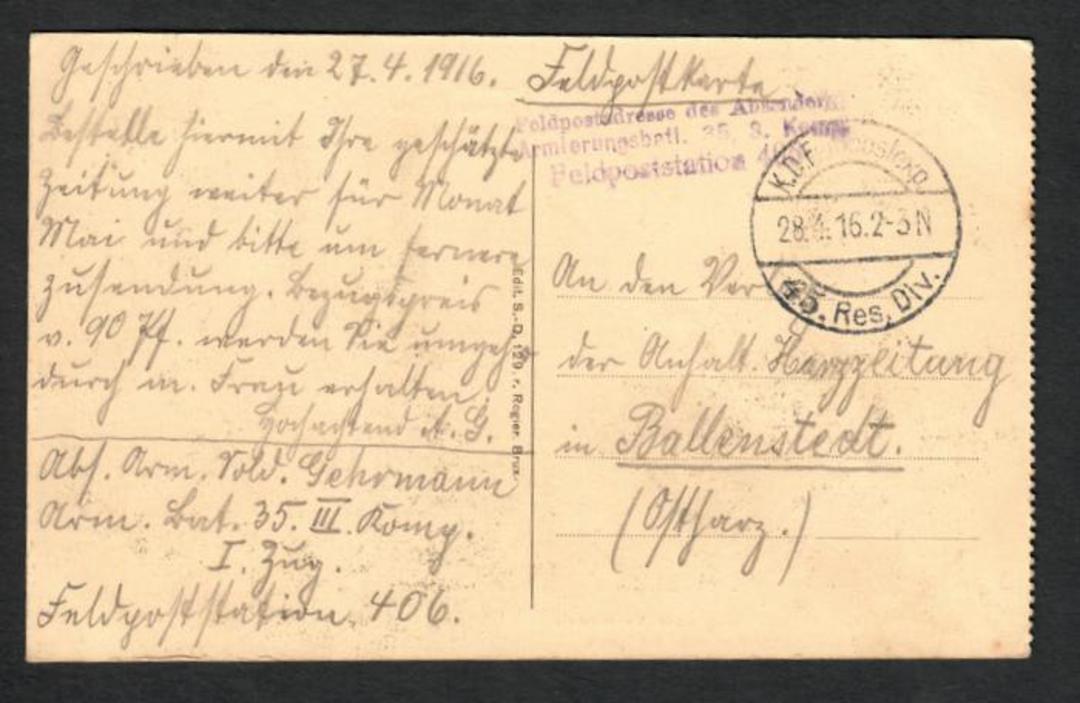 GERMANY 1916 Feldpost. Free post. Purple cachet. - 32394 - PostalHist image 0