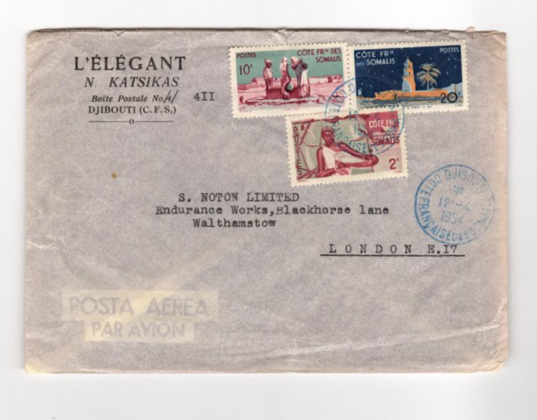 FRENCH SOMALI COAST 1954 Airmail Letter from Djibouti to London. - 38265 - PostalHist image 0