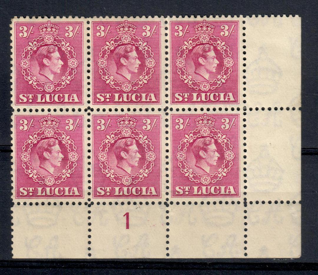 ST LUCIA 1938 Geo 6th Definitive 3/- Bright Purple. Plate Block of 6. (Plate 1). - 20921 - UHM image 0