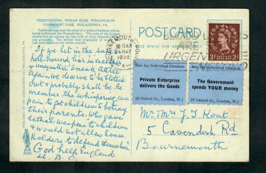 GREAT BRITAIN 1955 Postcard of with Elizabeth 2nd 2d Brown and two tied cinderellas from the Society for Individual Freedom. - 3 image 0