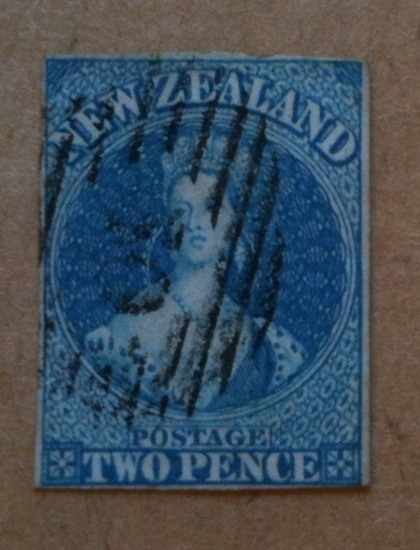 NEW ZEALAND 1855 Full Face Queen 2d Blue. No watermark. Four margins. Light postmark. CP A2c (3) $NZ 475.00 - 70727 - FU image 0