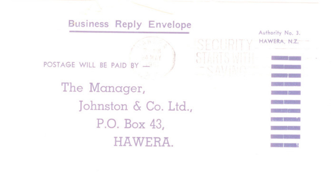 NEW ZEALAND 1961 Business Reply Envelope to Hawera firm with 1/8d postage on the reverse. - 32511 - PostalHist image 0