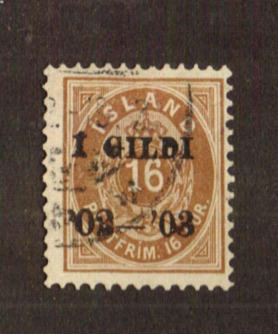 ICELAND 1902 Overprint 1g on 16a Brown. Perf 12.5. Scott #55 cat $US55.00. - 71426 - VFU image 0