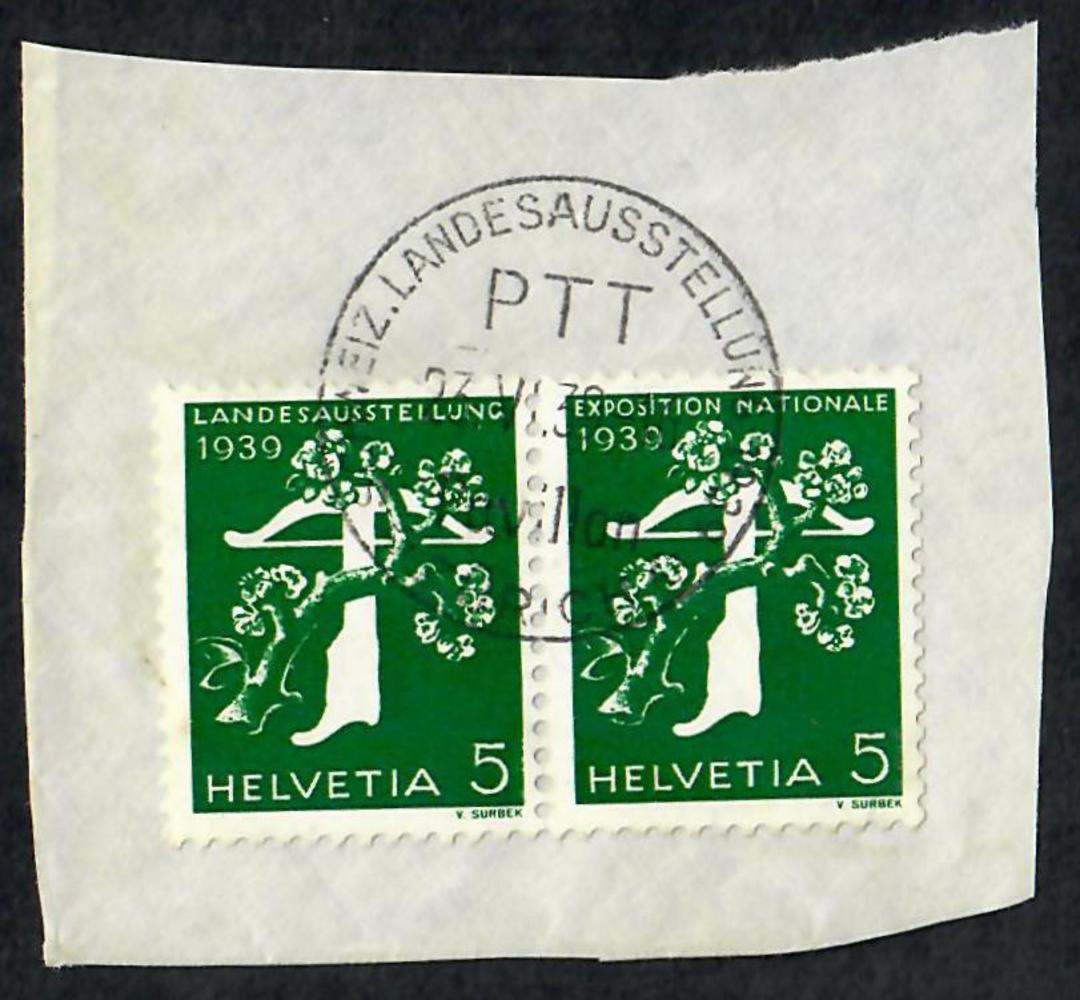 SWITZERLAND 1939 National Exhibition Paris 5c Emerald. Joined pair on piece with special postmark. - 23316 - VFU image 0