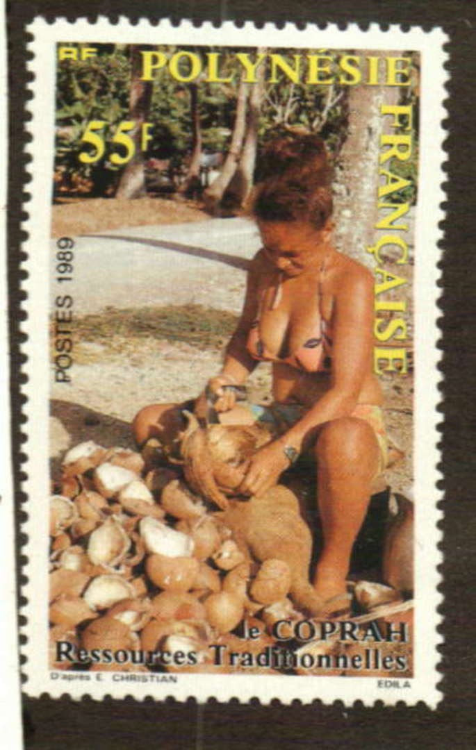 FRENCH POLYNESIA 1989 Copra Production 55 fr Woman splitting coconuts. - 74508 - UHM image 0