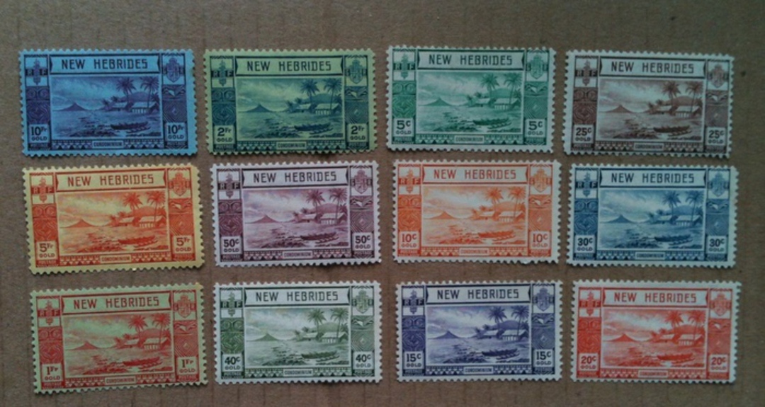 NEW HEBRIDES 1938 Definitives. Set of 12. Highly catalogued but unfortunately each of the top stamps has a fault. Rust spot on t image 0