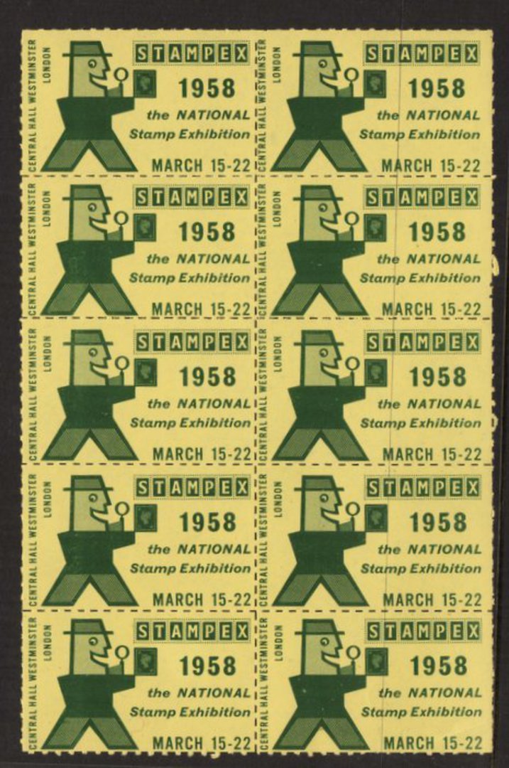 GREAT BRITAIN 1958 Stampex Manchester Labels Yellow and Green. Block of 10. - 55617 - Cinderellas image 0