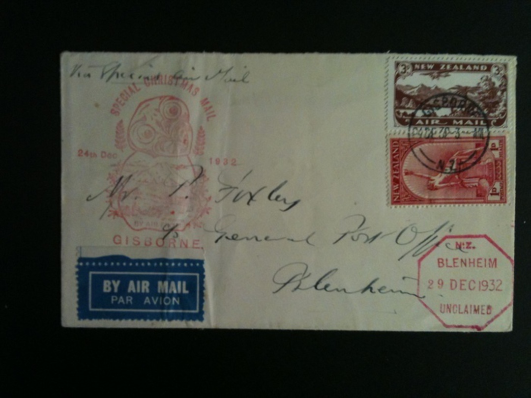 NEW ZEALAND 1932 Special Christmas Mail from Gisborne to Blenheim. - 37918 - PostalHist image 0