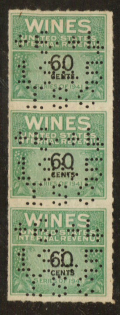 USA 1941 Internal Revenue Wines 60c Green and Black. Perfin. Strip of 3. - 76117 - Fiscal image 0