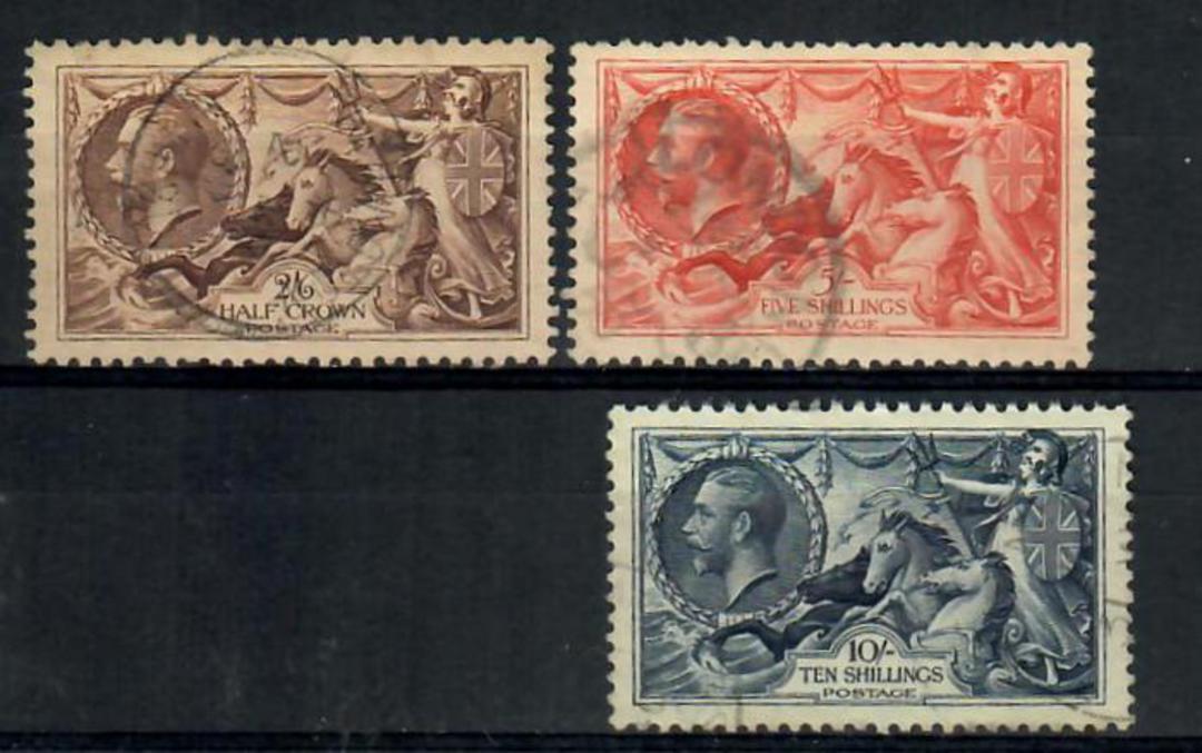 GREAT BRITAIN 1934 Seahorses. Three values. 2/6 & 10/- superb light cds. 5/- corner cds smudgy. Centring and perferations perfec image 0