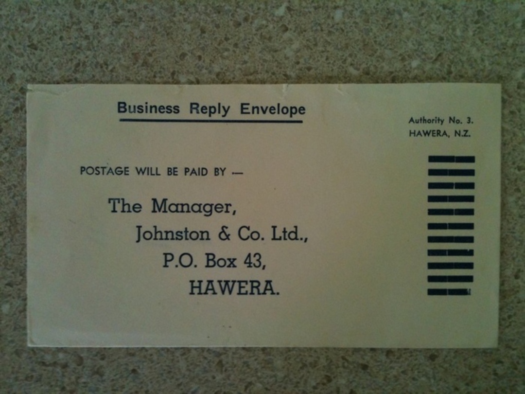 NEW ZEALAND 1961 Business Reply Envelope to Hawera firm with 1/5d postage on the reverse. Interesting as there two different J c image 0