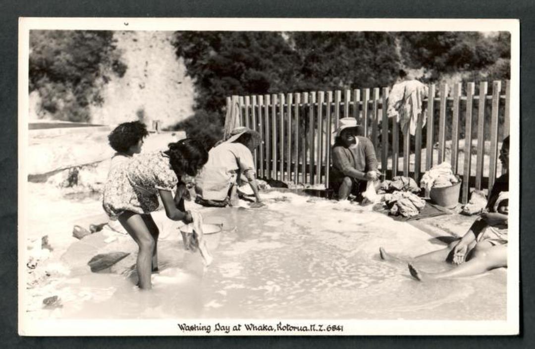 Real Photograph by A B Hurst & Son of Washing day at Whaka, Rotorua. 1950s postcard. #6841. - 49660 - Postcard image 0