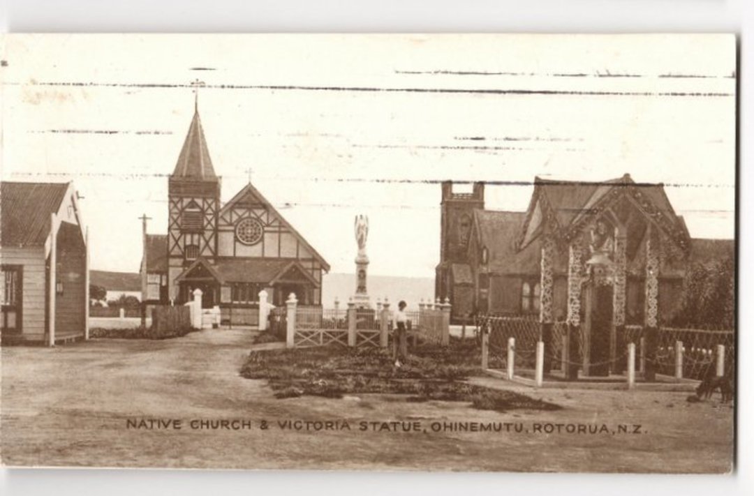 Postcard of the Native Church and Victoria Statue Ohinemutu. - 46077 - Postcard image 0