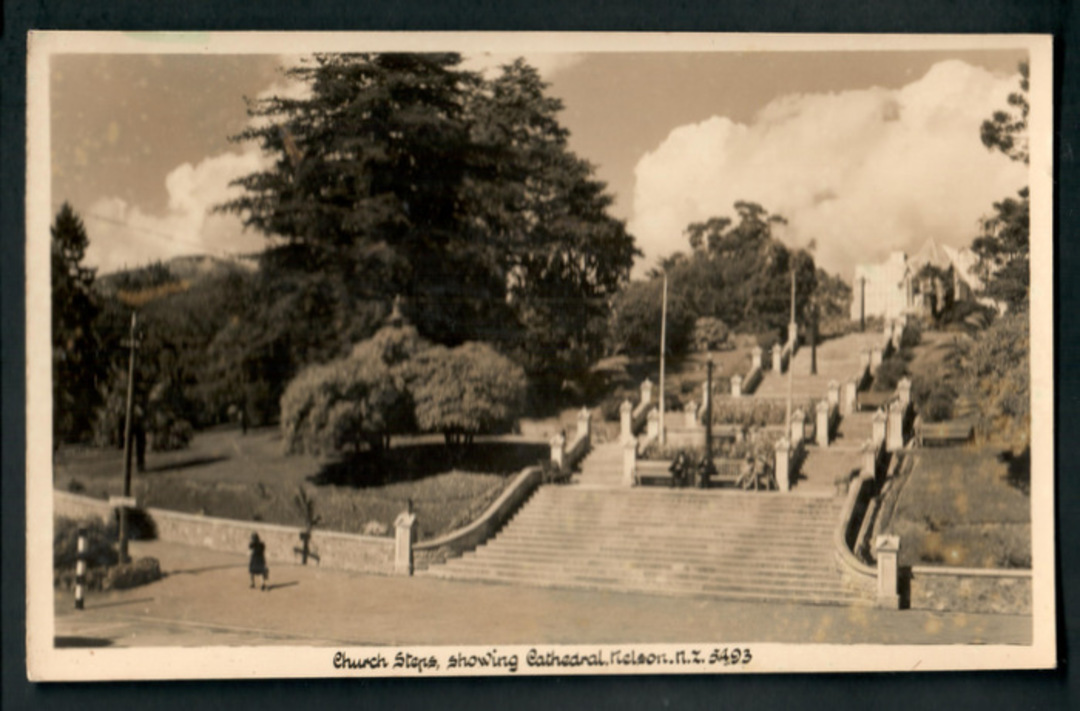 Real Photograph by A B Hurst & Son of The Church Steps and Cathedral Nelson. - 48615 - Postcard image 0