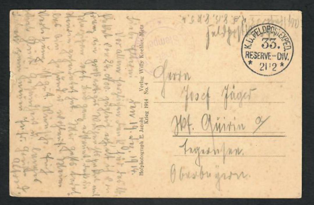 GERMANY 1914 Postcard of Longwy sent to Germany from K D Feldpostexped. 33 Reserve Div. Superb cancel. Also has a purple cachet image 0
