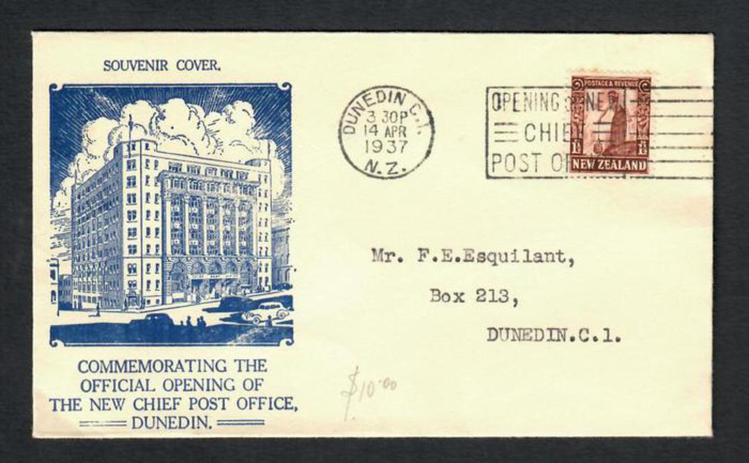 NEW ZEALAND 1937 Official Opening of the New Chief Post Office Dunedin on illustrated cover. - 31561 - FDC image 0