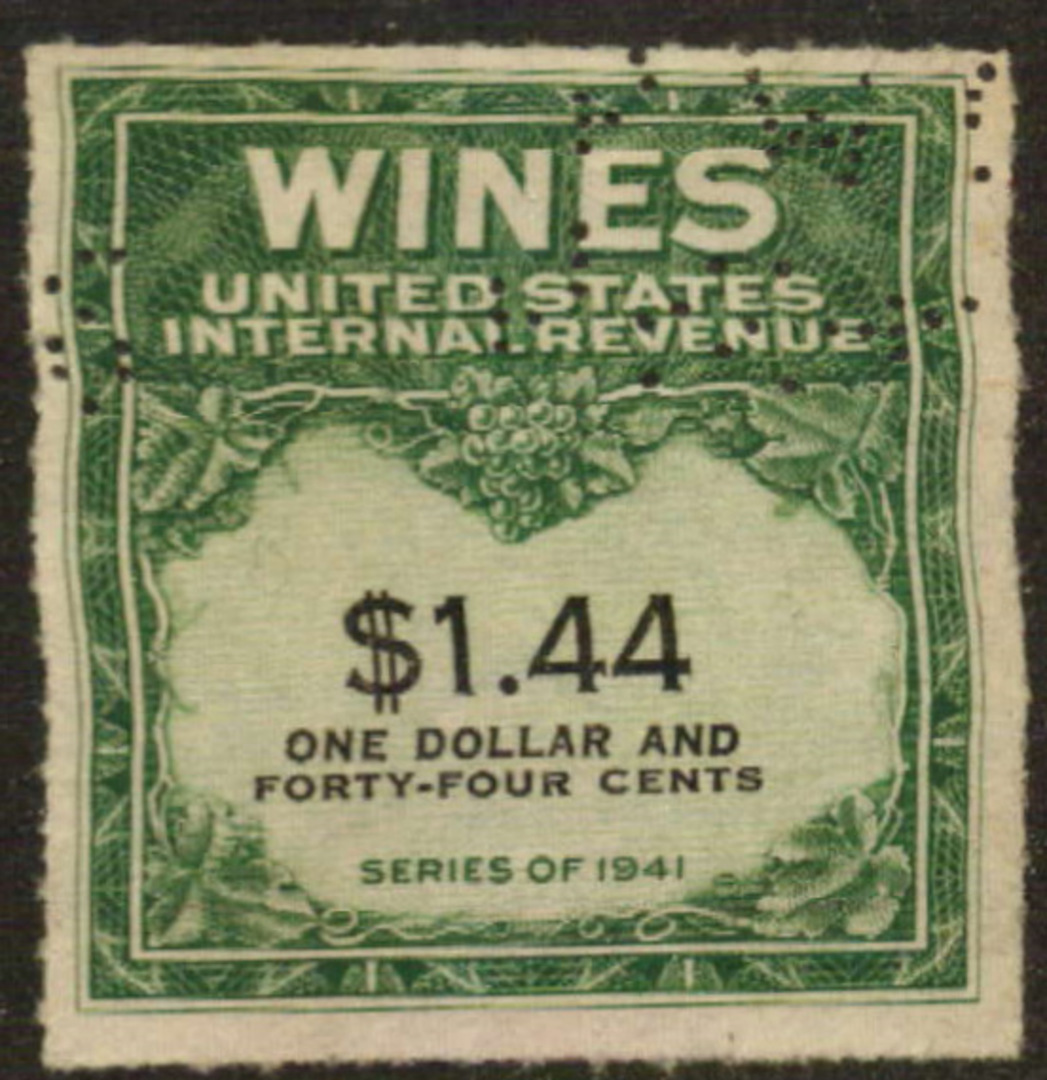 USA 1941 Internal Revenue Wines $1.44 Green and Black. Perfin. - 76113 - Fiscal image 0