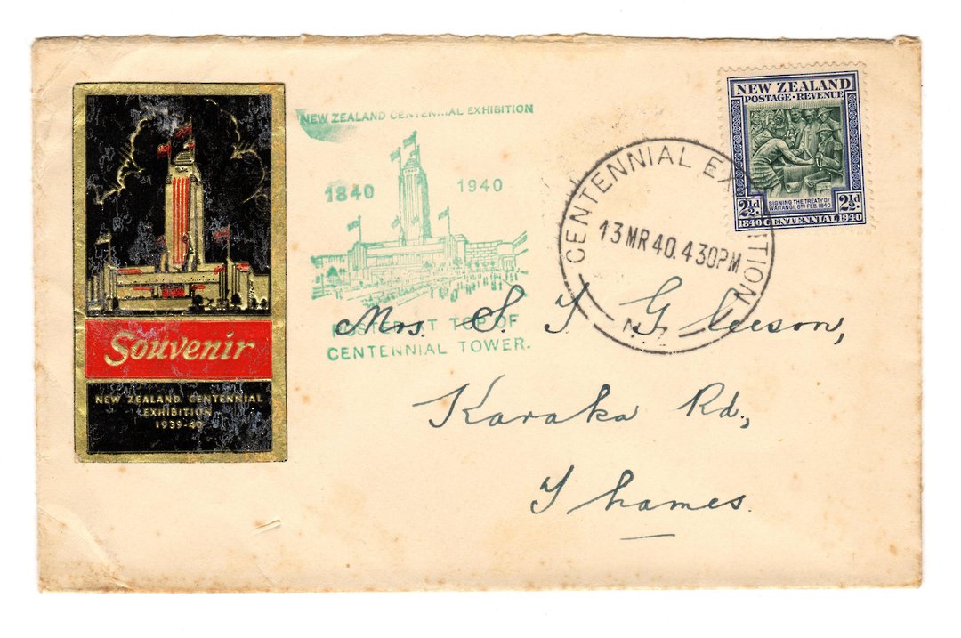 NEW ZEALAND 1940 Centennial 2½d on illustrated cover postmarked at the exhibition on 13/3/1940. - 30972 - PostalHist image 0