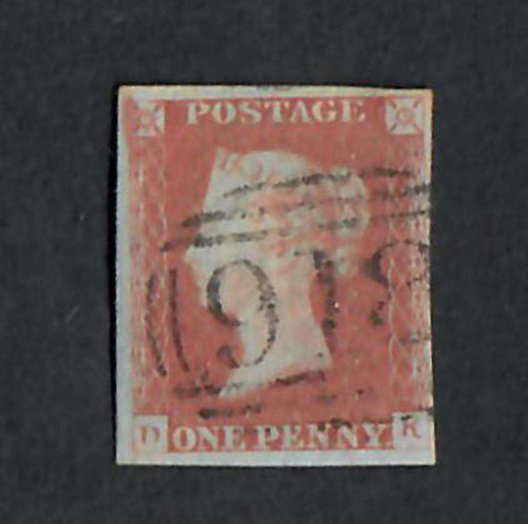 GREAT BRITAIN 1841 1d Red Brown on very blue paper. Very light postmark 918 in bars. Letters DK. Three clear margins the fourth image 0