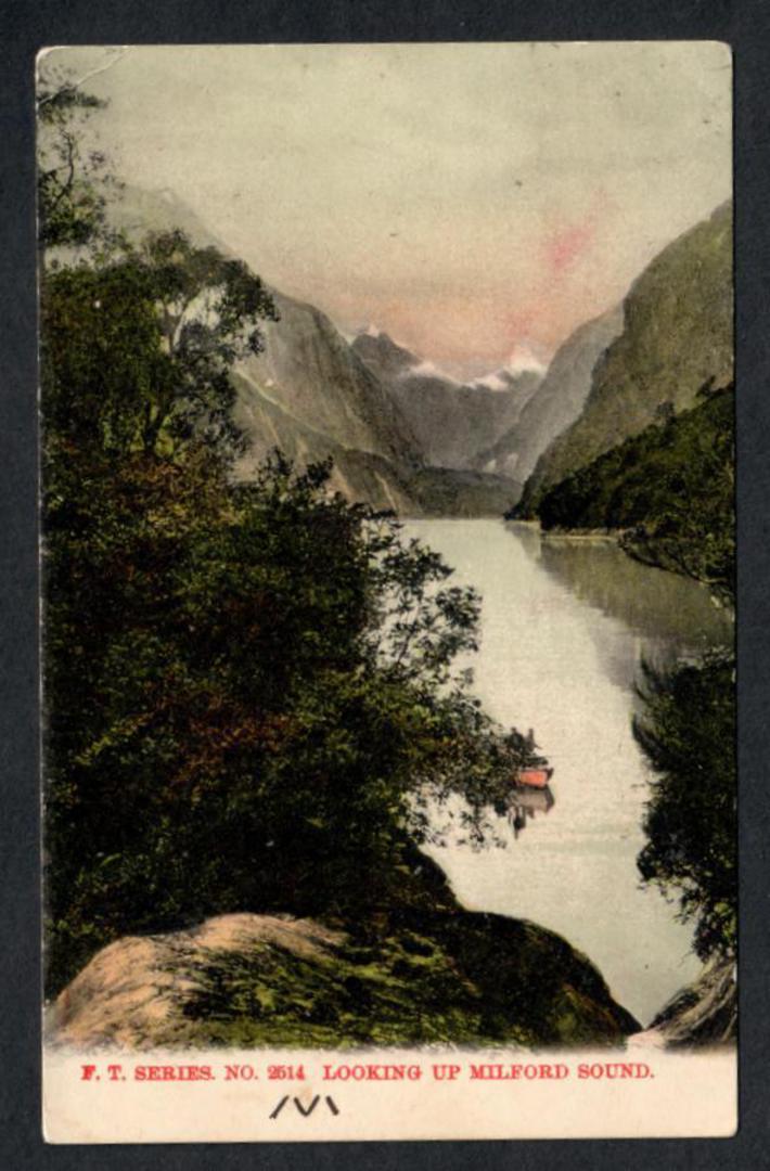 Coloured postcard of Looking up Milford Sound. - 49819 - Postcard image 0
