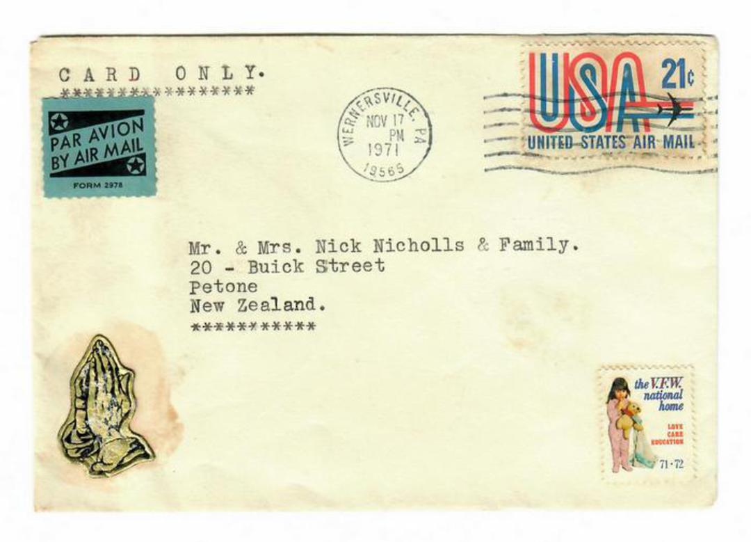 USA 1971 Airmail cover to New Zealand with cinderella "The VFW National Home". image 0