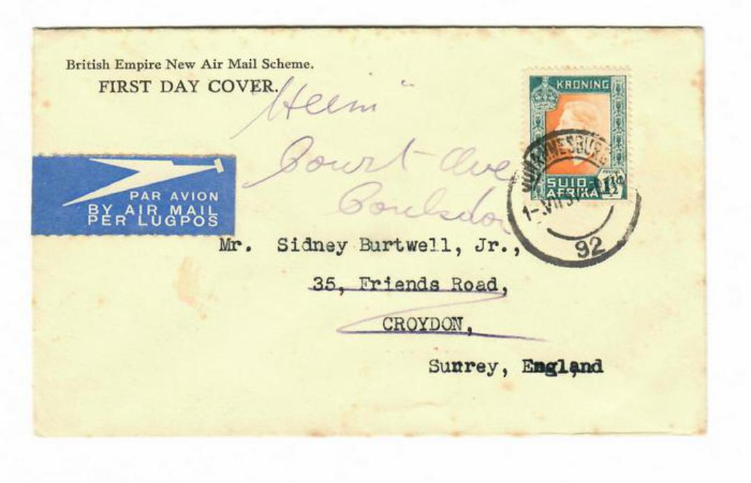 SOUTH AFRICA 1937 Beitish Empire New Airmail Scheme. Ffirst day cover to London. Redirected. - 31002 image 0