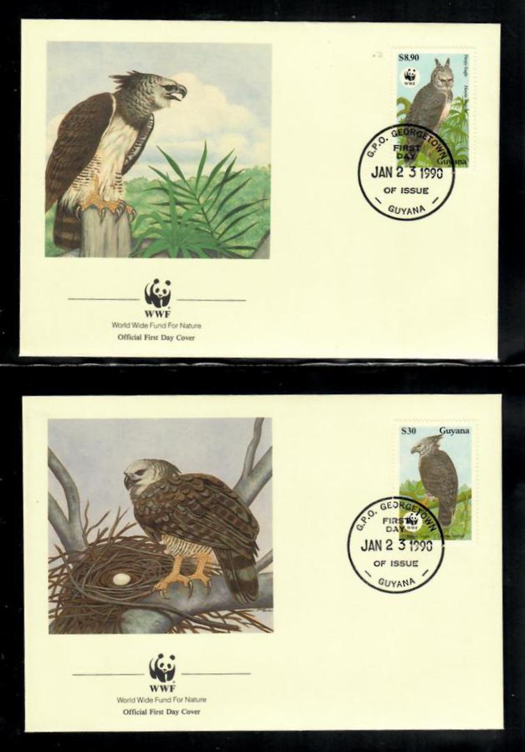 GUYANA 1990 Endangered Species. Harpy Eagle. World Wildfile Fund. Set of 4 in mint never hinged and on first day covers with 6 p image 2