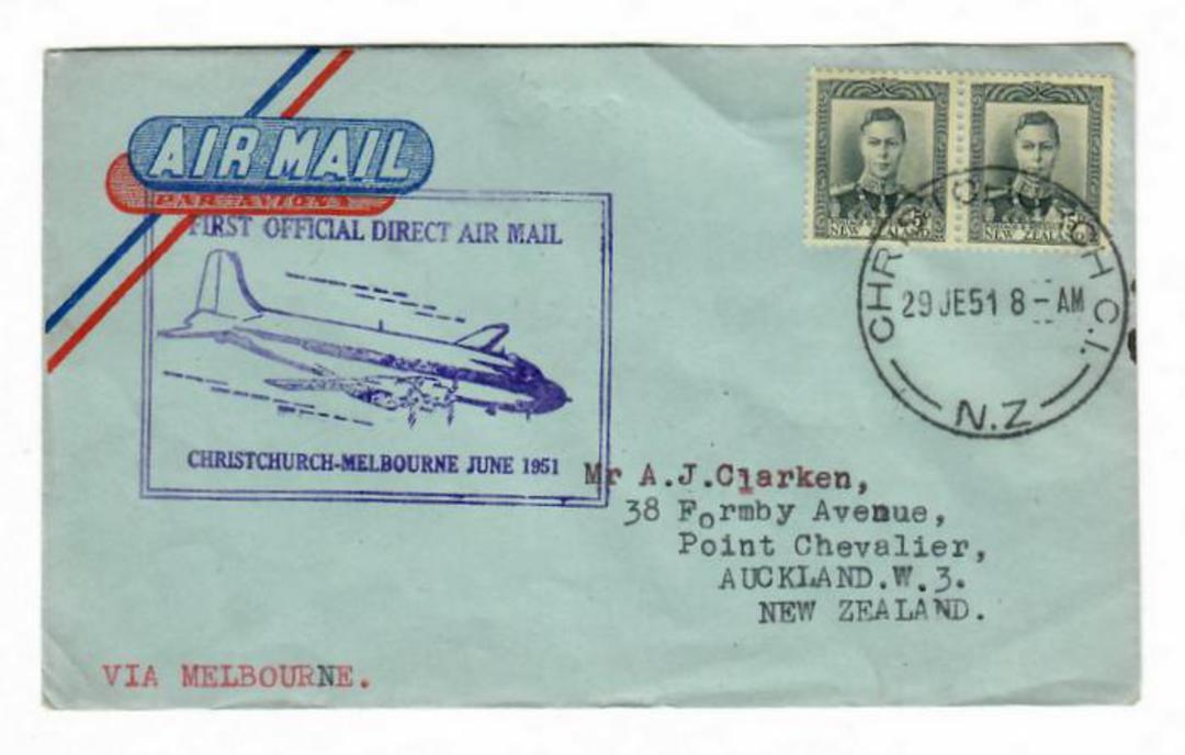 NEW ZEALAND 1951 Flight Cover. First Official Direct Air Mail from Christchurch to Melbourne. Cover sent from Christchurch to Au image 0