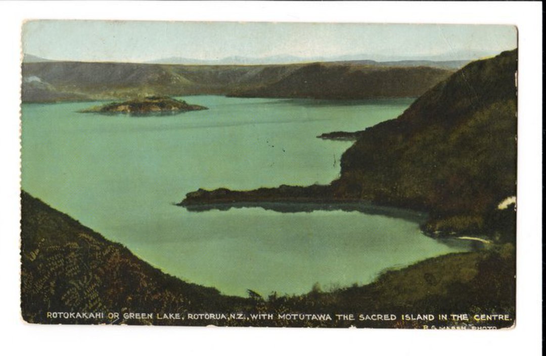 Coloured postcard of Green Lake Rotokakahi with Motokawa the Sacred Island. - 245911 - Postcard image 0