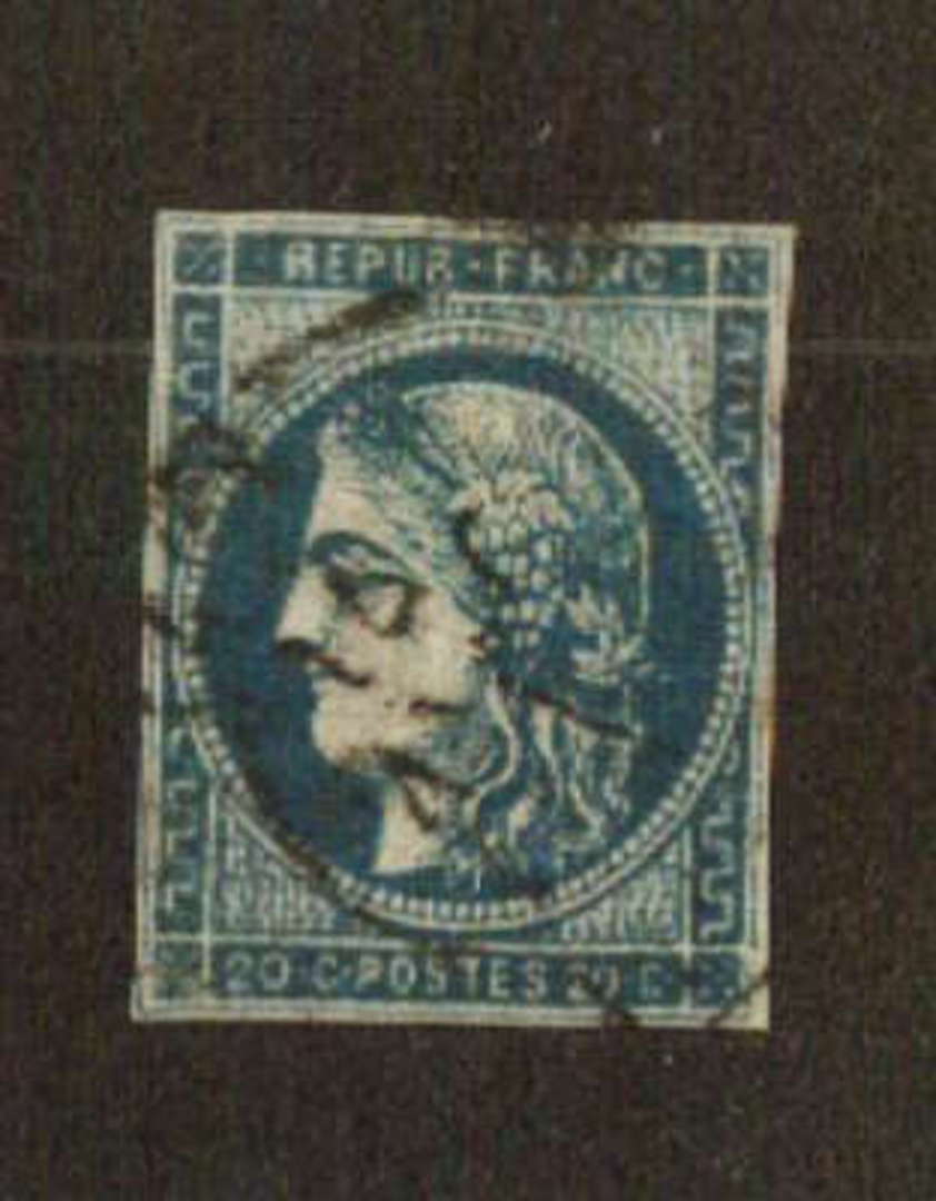 FRANCE 1870 Ceres Definitive 20c Deep Blue Type 2. Has has creases but these are not apparent from the front. The postmark is no image 0