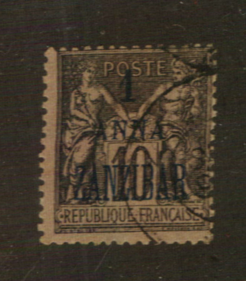 FRENCH Post Offices in ZANZIBAR 1896 Definitive 1 anna on 10 cents Black on lilac. - 76420 - VFU image 0