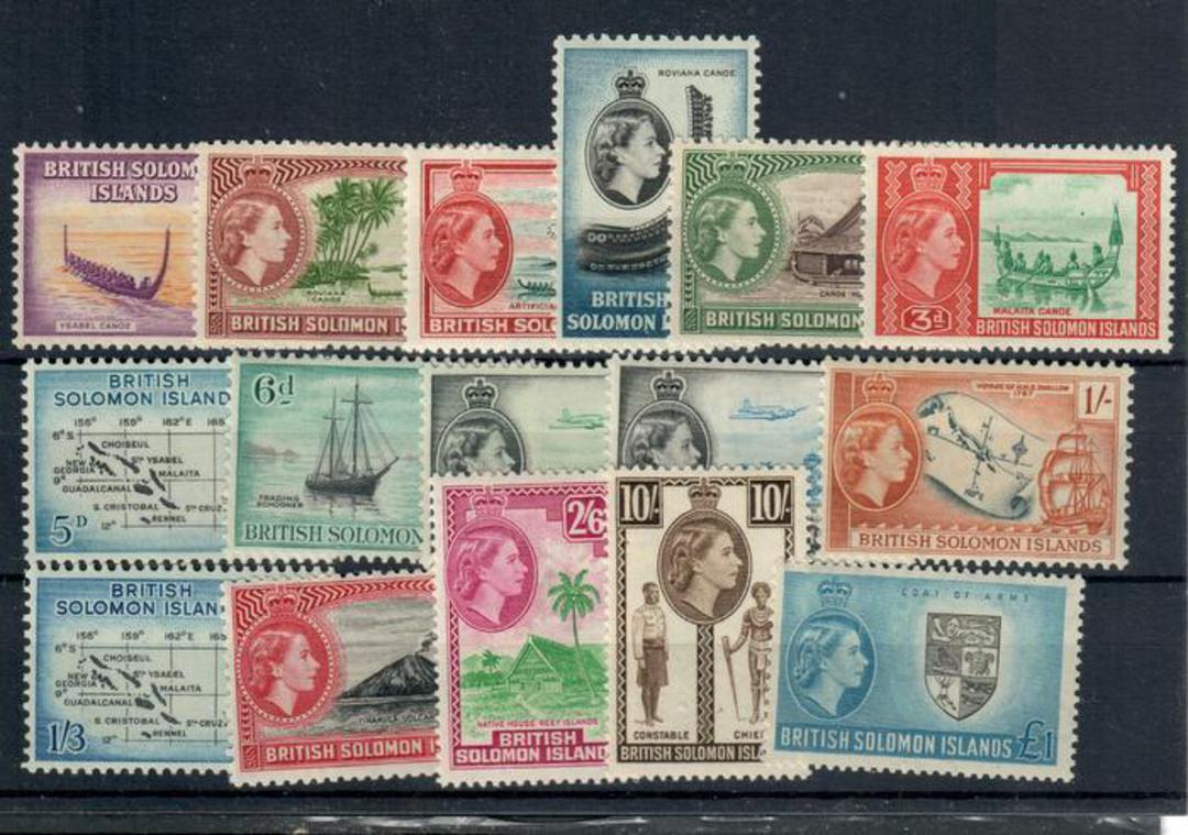 SOLOMON ISLANDS 1956 Elizabeth 2nd Definitives. Set of 17 except missing the 5/- cat £15.00. - 20423 - LHM image 0