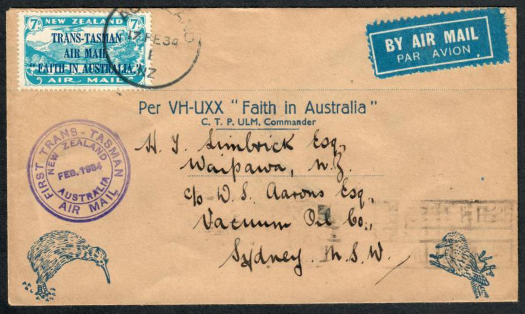 NEW ZEALAND 1934 Letter from Auckland to Sydney carried by C T P Ulm bearing the 7d airmail stamp. - 38328 - PostalHist image 0