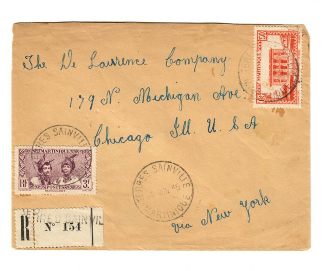 MARTINIQUE 1945 Registered Letter from Terres Sainville to USA. - 37804 - PostalHist image 0
