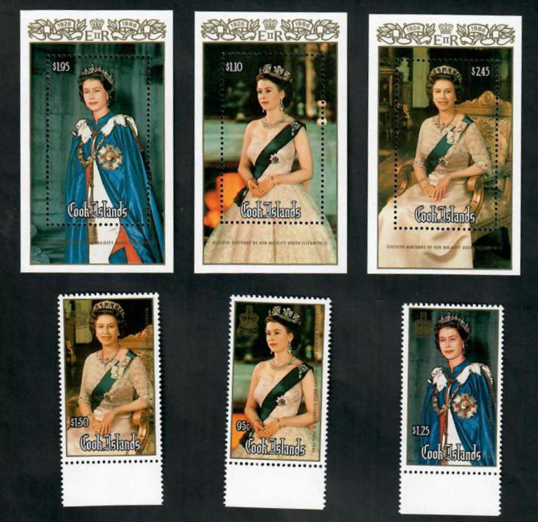 COOK ISLANDS 1986 60th Birthday of Queen Elizabeth 2nd. Set of 3 and 3 miniature sheets. - 50990 - UHM image 0