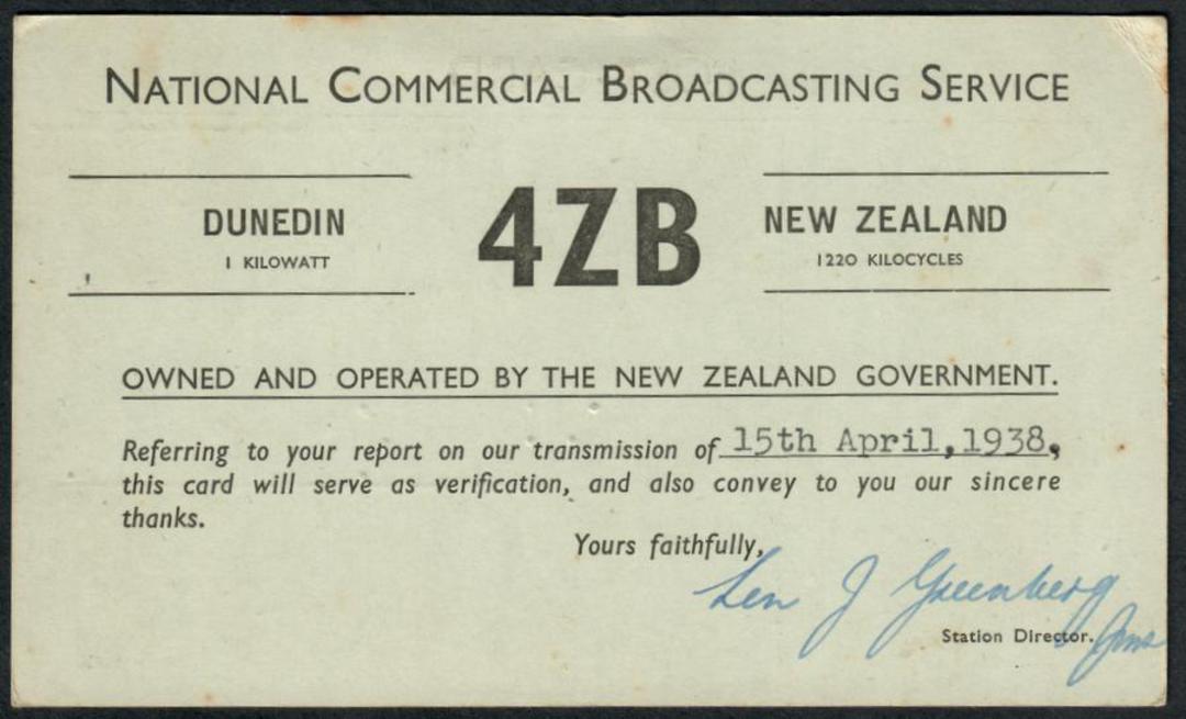 NEW ZEALAND 1938 QSL card 4ZB. - 38981 - PostalHist image 0