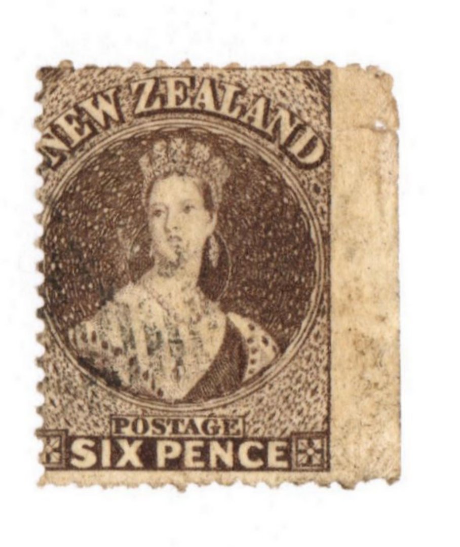 NEW ZEALAND 1862 Full Face Queen 6d Black-Brown. Pelure paper. Perf 13 at Dunedin. Superb copy with clear perfs on 3 sides and image 0
