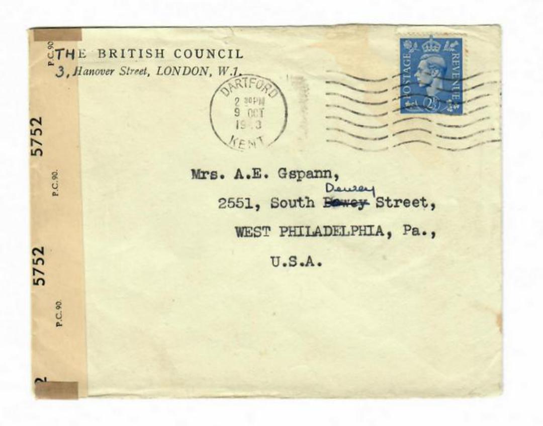 GREAT BRITAIN 1943 Censored cover to USA. Postmark DARTFORD 9/10/43. Opened by Examiner 5752. - 30286 - PostalHist image 0