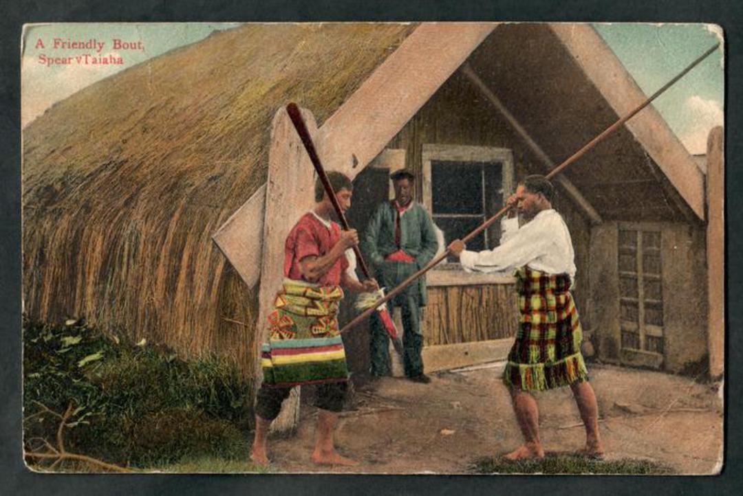 Coloured postcard of a friendly bout. Spear v Taiha. - 49583 - Postcard image 0