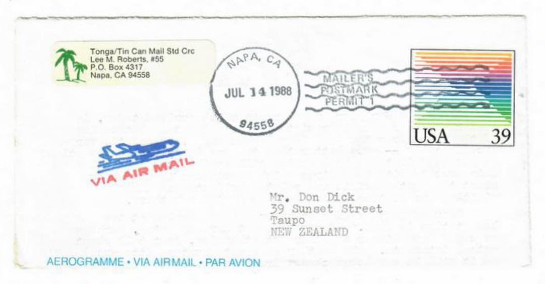 USA 1988 Aerogramme to New Zealand. From the Tonga Tin Can Mail Study Circle. image 0