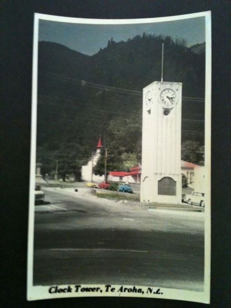 Tinted Postcard by N S Seaward of the Clock Tower Te Aroha. - 46598 - Postcard image 0