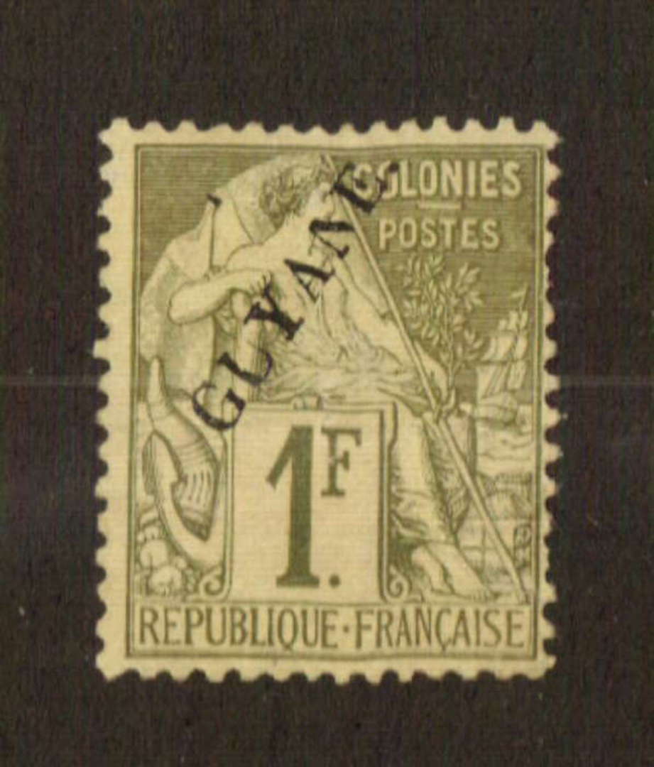 FRENCH GUIANA 1892 Surcharge on Commerce type 1f Olive-Green. An unfortunate cut. - 74543 - MNG image 0